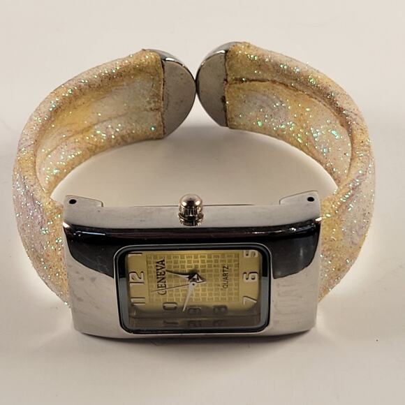 Geneva Silver Yellow Quartz Watch with Glittery Sparkle Cuff Bracelet Design - Picture 8 of 14